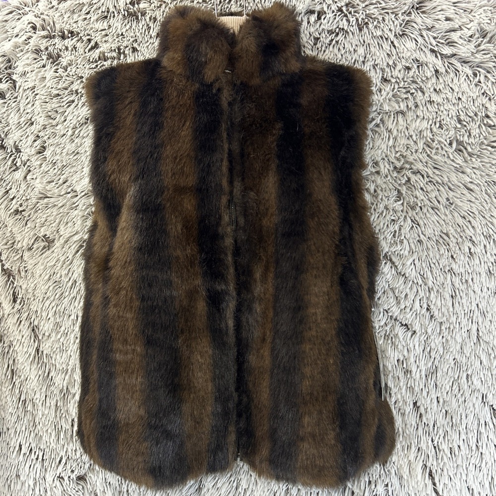 Coaco New York Faux Mink Fur Vest Reversible Full Zip Pockets Vegan Classy‎ Sz S